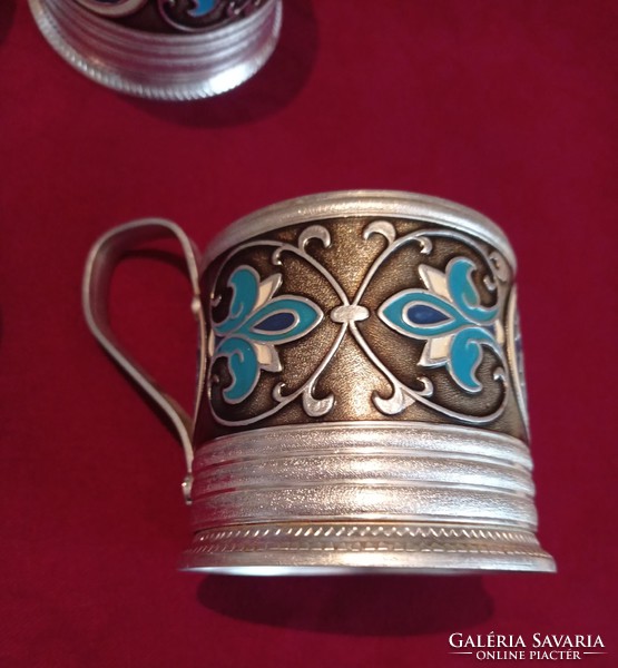 Old russian tea glass cup holder with fire enamel decoration