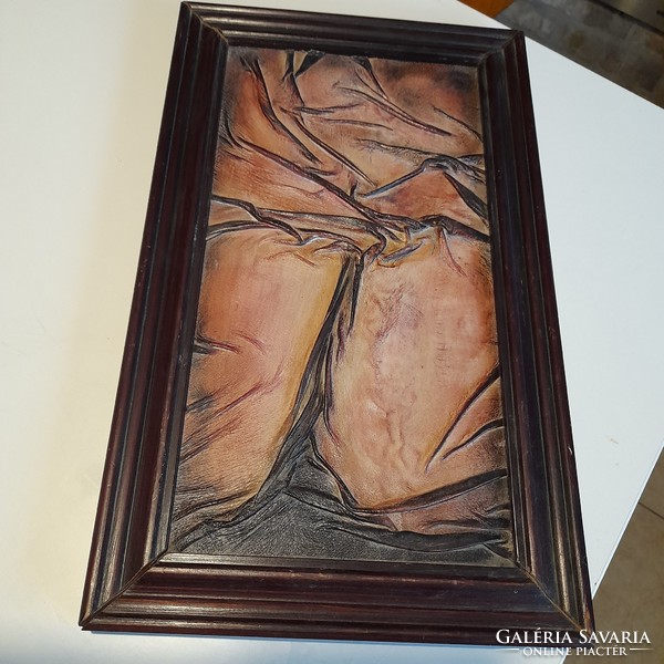 Leather picture in wooden frame