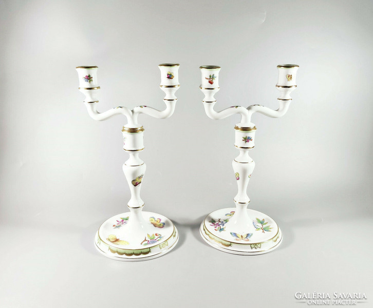 Herend, a pair of queen victoria patterned hand-painted porcelain candlesticks, flawless! (Bt023)
