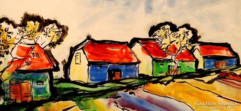 Adam: roadside house row - watercolor, framed