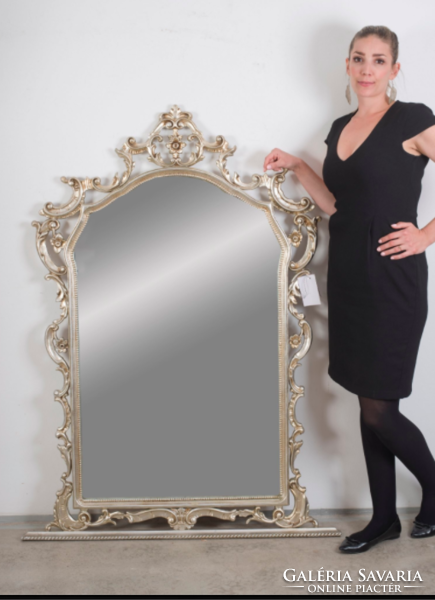 Silver painted carved wooden mirror