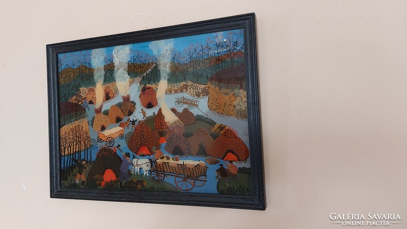 Naive life picture glass painting with 44x32 cm frame