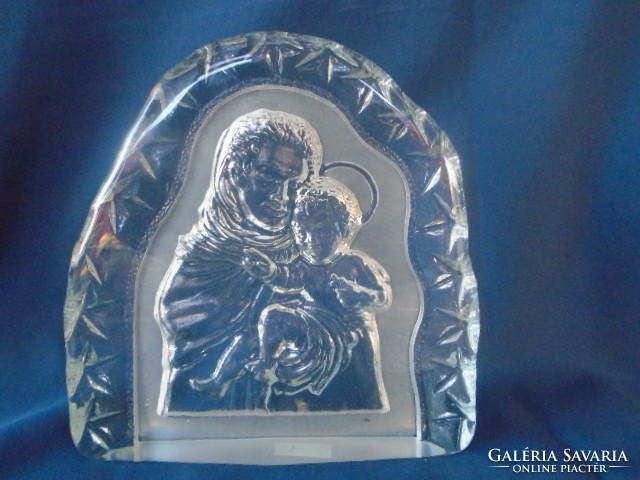 Szűz Mária, Madonna a gyermek Jézussal igen súlyos nehéz kristály üveg Kosta 1874 gramm
