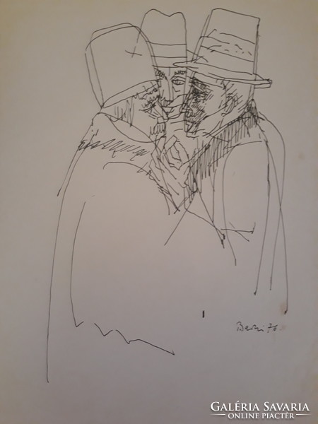 Pál Barczi: whisperers, original marked ink drawing, 1976