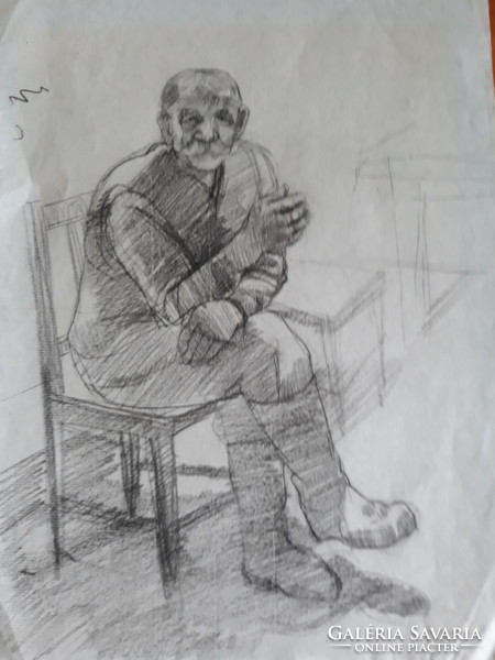 Pál Barczi: sitting old man, original marked pencil drawing 1957
