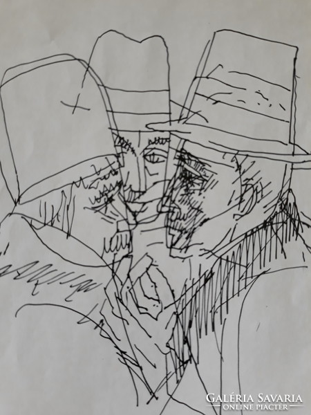 Pál Barczi: whisperers, original marked ink drawing, 1976