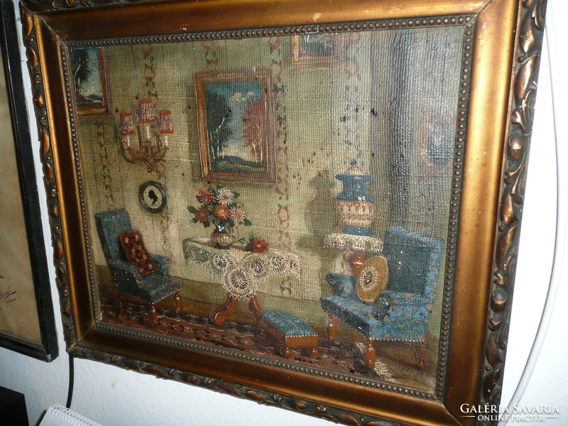 Antique interior oil-canvas painting from the 1800s