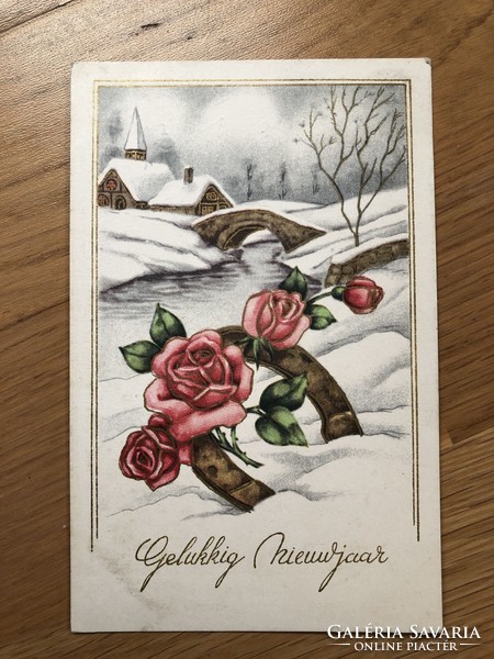 Antique New Year postcard, horseshoe, rose