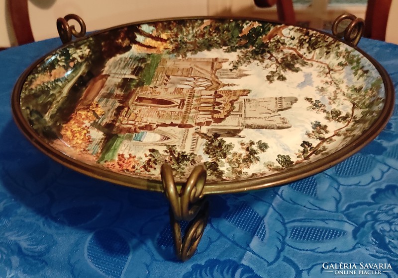 Antik kézi festett tál kínáló Asztalközép porcelán fajansz Vár ,Kastély,csónak Római Stilus antik