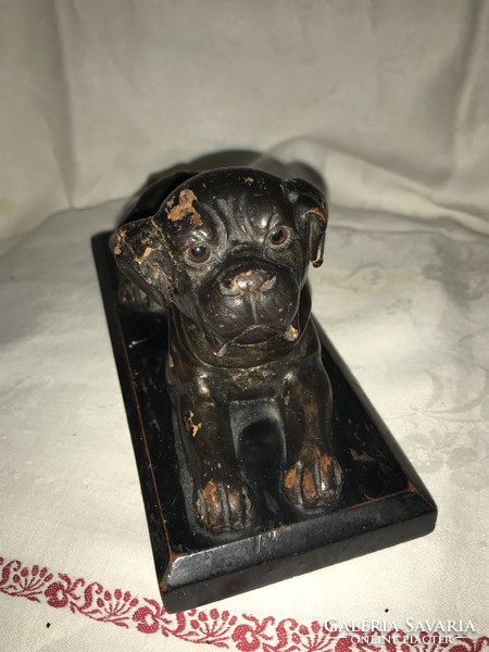 Art-deco wood carved glass eye inlaid dog desk paper weight