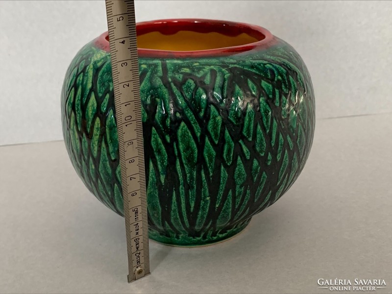 Retro iparművészeti zöld kerámia kaspó/váza, jelzett