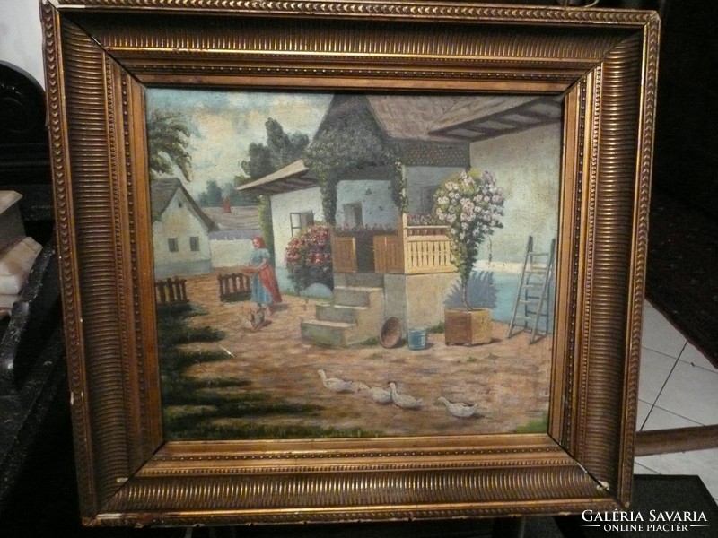 Antique oil painting in beautiful frame with gardener's signature 53 * 50 cm