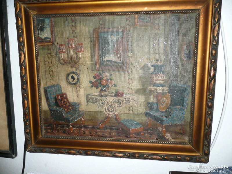 Antique interior oil-canvas painting from the 1800s