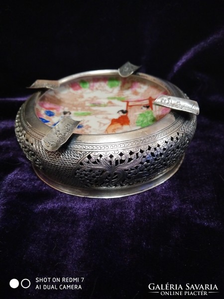 Silver (900) Vietnamese ashtray with porcelain insert