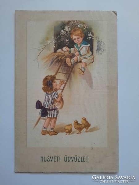 Antik levelezőlap, képeslap, húsvéti üdvözlőlap, 1915