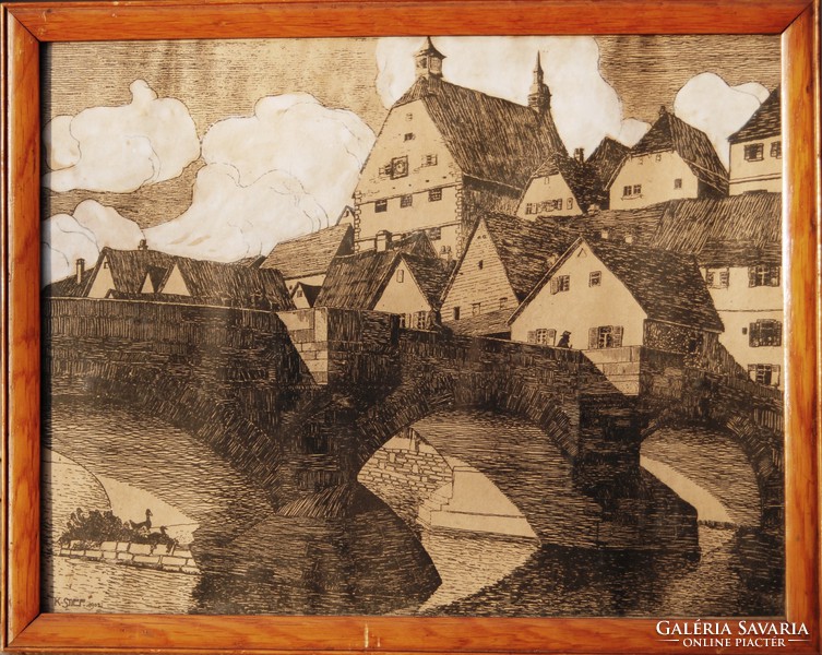 Karl stief: old town bridge with people (1902, besigheim) - Art Nouveau unique drawing, original frame