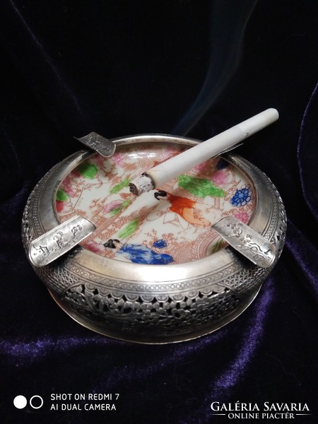 Silver (900) Vietnamese ashtray with porcelain insert
