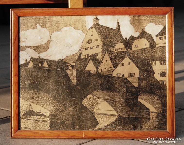 Karl Stief: Óvárosi híd emberekkel (1902, Besigheim) - szecessziós egyedi rajz, eredeti keretében