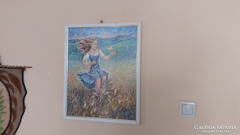 (K) little girl with a butterfly 43x54 cm framed impressionist painting