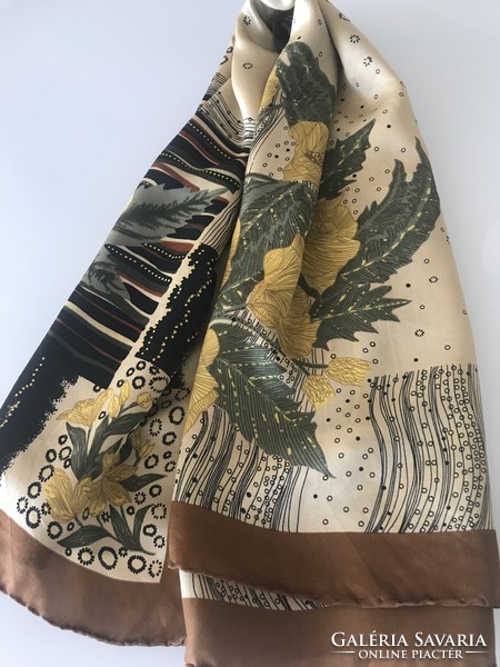Vintage silk scarf with yellow flowers, huali design, 105 x 107 cm