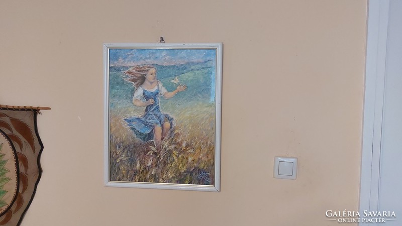 (K) little girl with a butterfly 43x54 cm framed impressionist painting