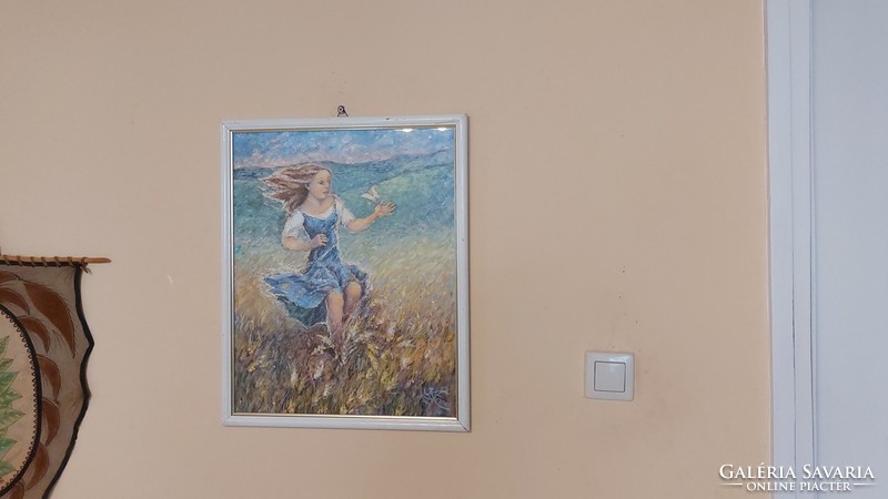 (K) little girl with a butterfly 43x54 cm framed impressionist painting