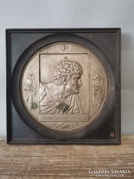 19th century tin plaque Judas Thadeus portrait in cast iron frame