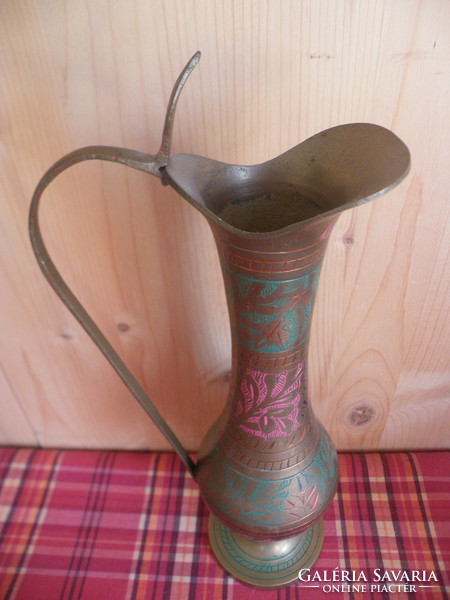 Indian copper vase with engraved mark, densely chiseled, painted in beautiful colors