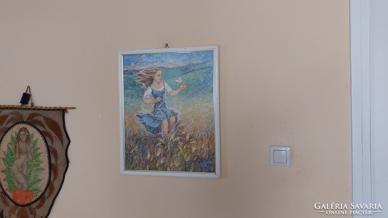 (K) Kislány pillangóval 43x54 cm kerettel impresszionista festmény