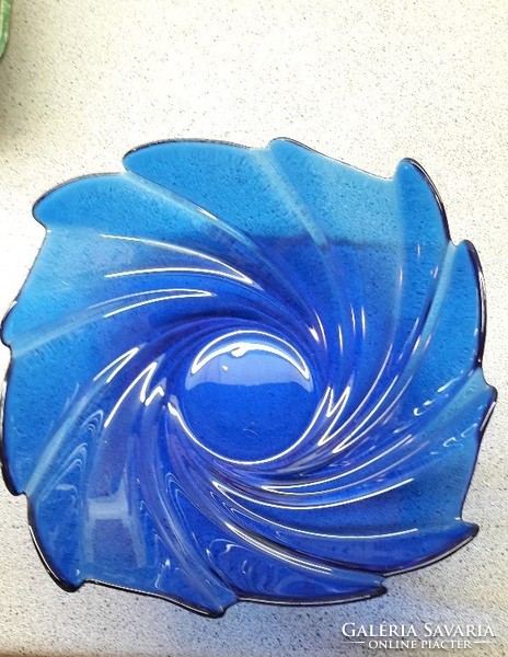 Régebbi, kék üveg kínálótál, asztalközép 27-30 cm