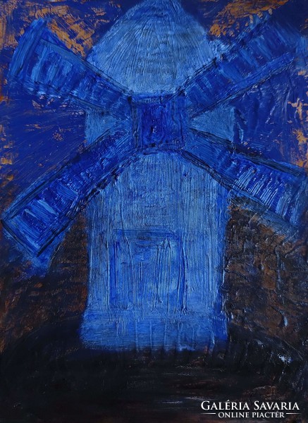 Szabó Kata:"blue mill"oil painting, material wood fiber, 40 x 30 cm, nice gold wooden frame, signed
