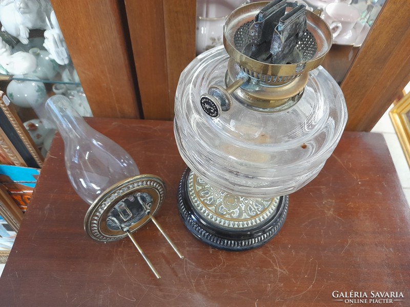 Old double burner glass copper kerosene lamp. 55 Cm.