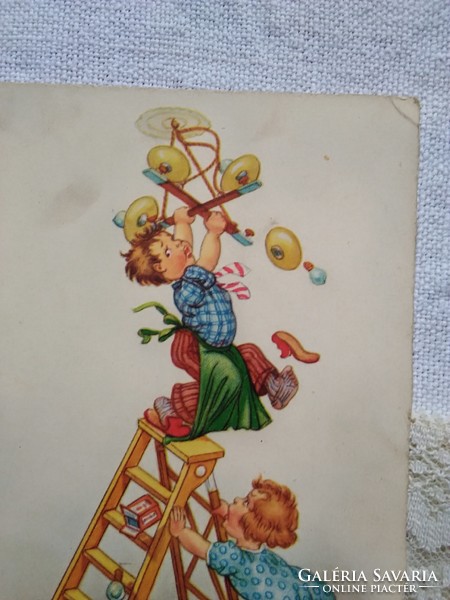 Antik grafikus gyerekmotívumos képeslap, gyerekek, létra, kiskutya