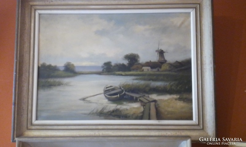 Von elchee lug. Lakeside with windmill. Canvas oil painting
