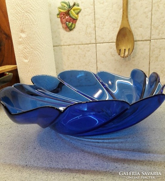 Régebbi, kék üveg kínálótál, asztalközép 27-30 cm