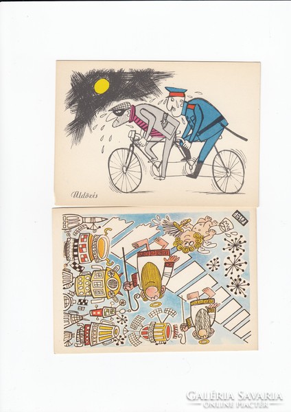 Közlekedési Karikatúrák képeslap postatiszta 18 db egyben saját összehajthatós papír tartójában