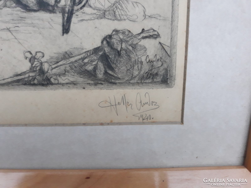 Heller Andor: Pihenő ifjak a szabadban, eredeti jelzett rézkarc 1940