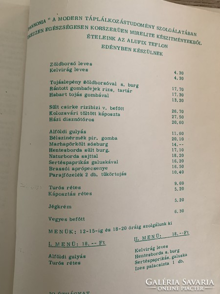 Gresham pannonia menu 1972