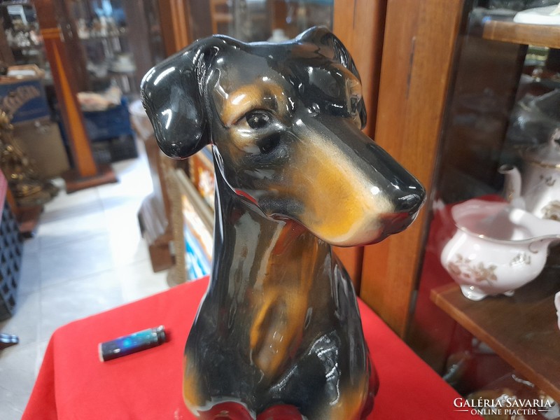 Large German sitting doberman dog porcelain figurine, sculpture.