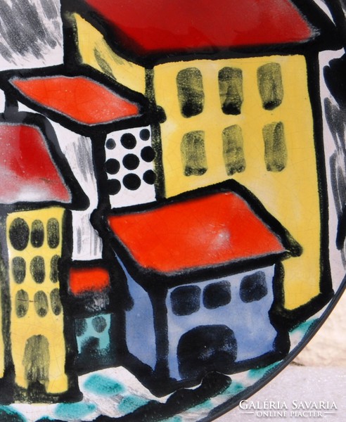 Reguly-kerámia: Városkép - kézzel festett falitál