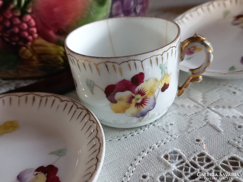 Pansy patterned antique mocha cup and 2 bowls, collectible