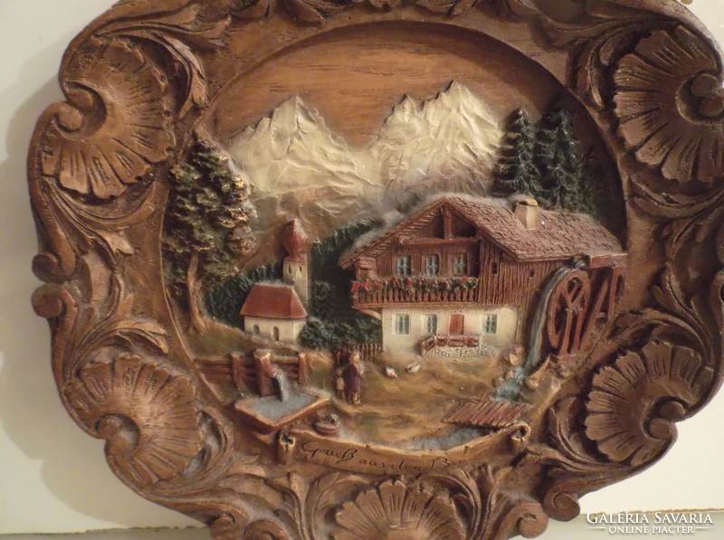 Plate - 3 d - wood - old - hand carved - detailed - Austrian - 23 x 2.5 cm - flawless
