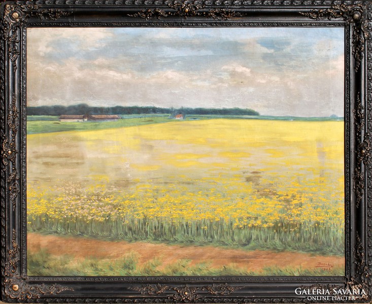 László Buzi Sr. (1881-1956): rapeseed flowering (1935, Sarkad) - huge oil on canvas painting
