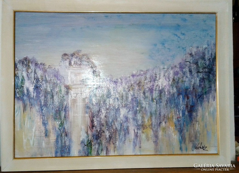 "Lila akácos"Keretezett ,elegáns ,eredeti festmény 77 x 57 cm