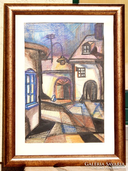 Contemporary artist: evening in the old town - unique work, antique gold frame