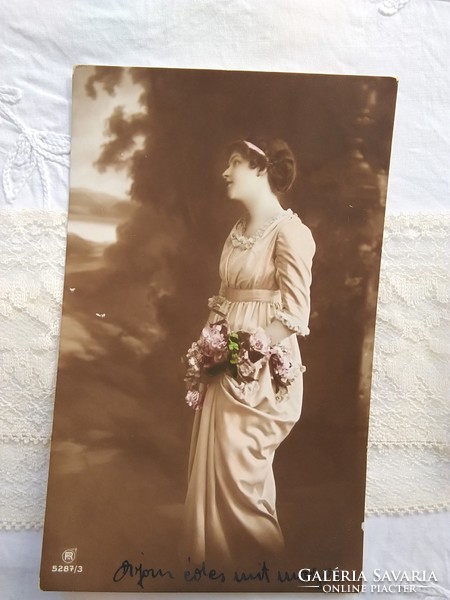 Antique hand colored romantic postcard with lady flowers 1917