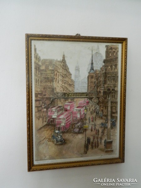 Street scene - marked colored etching - mixed media