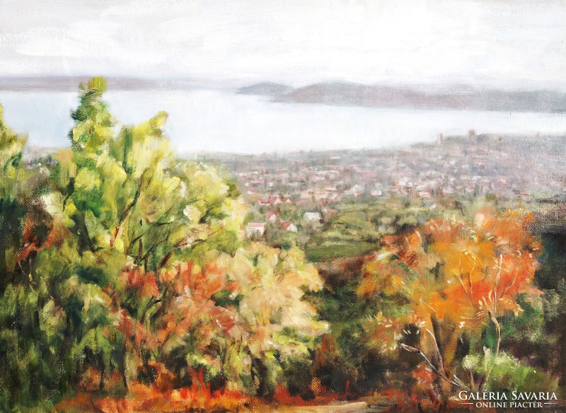 View of Balatonfüred with the Tihany Peninsula - an oil painting by a contemporary Hungarian artist in a silver frame