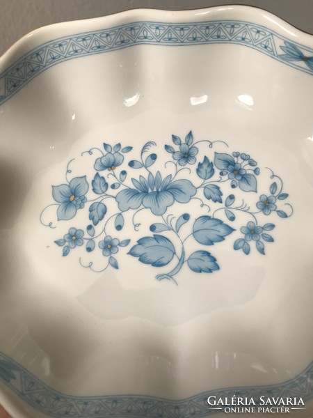 Hollóházi porcelán ovális fodros szélű kék mintás kínáló tálka tál arany szélű