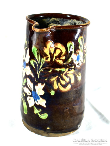 Antique hand painted folk ceramic jug - spout